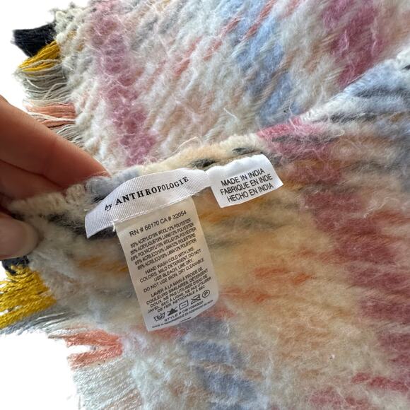 Anthropologie Women's Plaid Fringe White Pink Black Blue Yellow Scarf wool blend - Picture 3 of 6